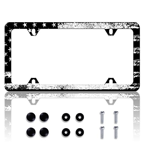 Vintage Black White American Flag License Plate Frame Patriotic Personalise Stainless Steel Funny Design Compatible with Standard License Plate Holder for USA and Canada 6 X 12 with Screws - color: Vintage Black White American Flag