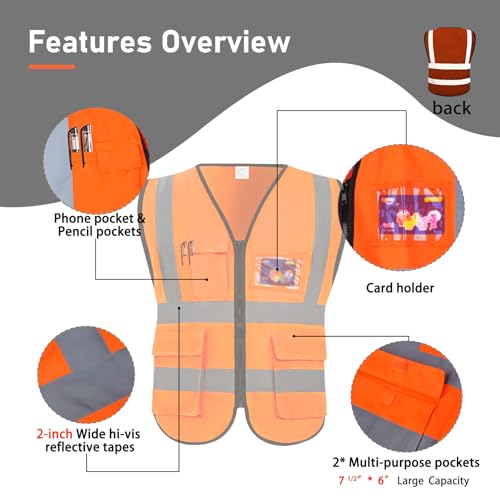 High Visibility Vest Safety Vest with Pockets and Zipper Meets ANSI/ISEA Standard(1 Pack 5 Pack) - color: Orange-red, size: 3X-Large