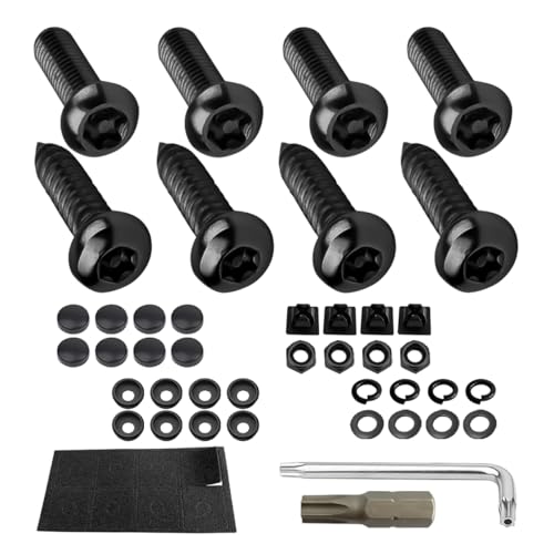 YALOK Anti Theft License Plate Screws Kits- Rustproof Stainless Steel Car Tag Plate Mounting Hardware, M6 (1/4") Tamper Proof Fastener Nut, Caps Cover for Front Rear Frame Holder Mounting（AT-Black/8）