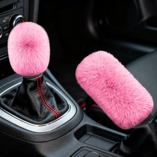 2PCS Plush Car Gear Shift Knob Cover & Handbrake Cover, Shift Knob Protector, Soft Fluffy Gear Handbrake Protective Sleeves, Shifter Lever Brake Handle Warm Plush Set for Cars (Pink) - color: Pink