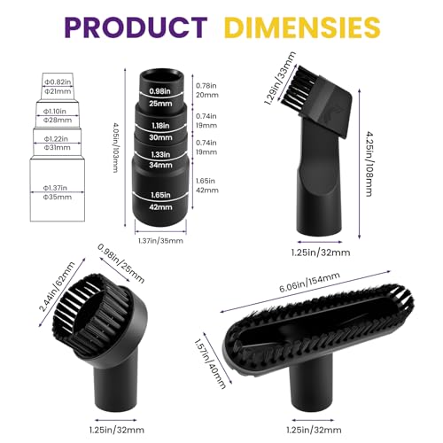 4 Pcs 1-1/4" Vacuum Attachments, Round & Square Brushes, 2-in-1 Suction Brush, 4-Layer Adapter Universal for Most Vacuum Cleaners for Hard-to-Reach Areas