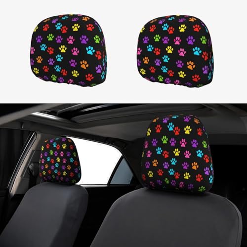 Dog Paw Car Headrest Covers Colorful Paws Auto Accessories Head Rest Protector for Vehicle Truck SUV Sedans Universal Fit, Black Seat Pillow Protective Covering - color: Colorful Paw