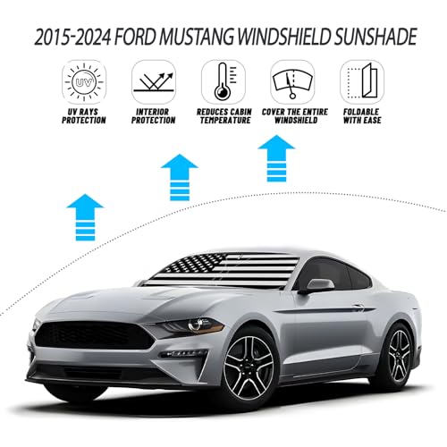 D-Lumina Windshield Sun Shade for 2015-2025 Fo-rd Mustang (NOT for Fo-rd Mustang Mach-E), Front Window Sunshade American Flag Sun Visor Sun Shield Block UV Rays Heat, Foldable 2 Layers 210T Material - size: Silver & Black-Fit 2015-2025 Ford Mustang
