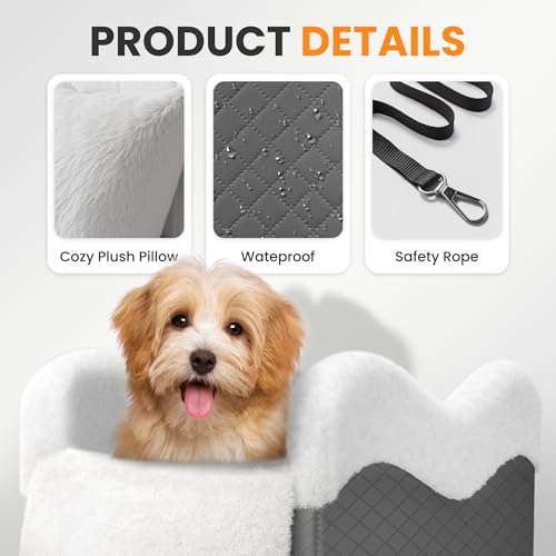 Portable Small Dog Seat for Car, Luxury Center Console Dog Car Seat Booster with Safety Tethers, Anti-Collapse Pet Travel Carseat for SUV, Truck (Dark Grey/White) - color: Dark Grey/White