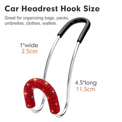 Soleebee 2 Pack Bling Car Headrest Hooks Crystal Rhinestones Universal Car Seat Hook Auto Hook Durable Car Back Seat Hangers Storage Organizer (Red) - color: Red