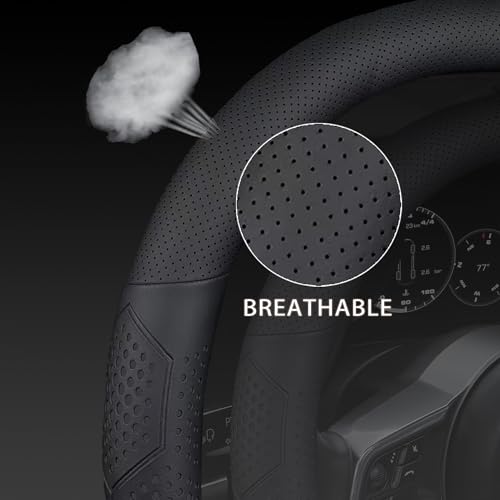 Yangday Leather Steering Wheel Cover for Dodge Ram 1500 2500 3500, 15.5-16 inches Car Steering Wheel Cover with Non-Slip Breathable (Black) - color: Black-2