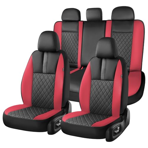Coverado Car Seat Covers Full Set, Automotive Leather Seat Covers for Car，Universal Fit Front Back Seat Cover, Non-Slip Waterproof Breathable Car Seat Protector - color: BlackRed, size: Fullset