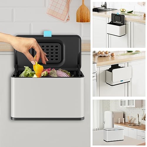Stainless Steel Hanging Trash Can with Lid and Inner Bucket, 1 Gallon Kitchen Compost Bin for Counter Top, Under Sink or Wall Mount, Small Garbage Can for Cupboard/Bathroom/Bedroom/RV, White - color: White, size: 1 Gallon