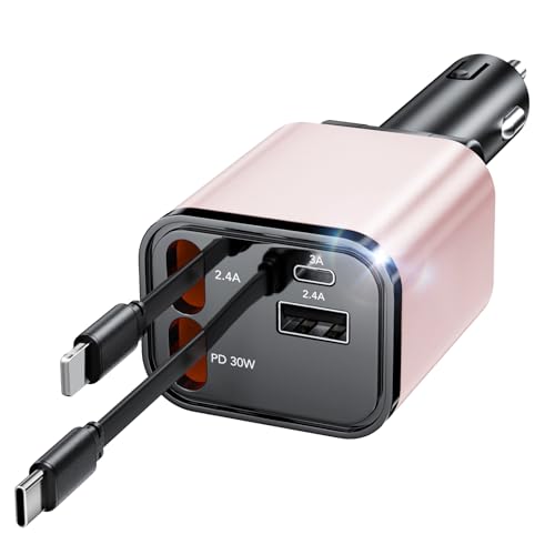 Retractable Car Charger Adapter for iPhone 17,4 in 1 Fast Charging Car Phone Charger,69W USB C Car Truck Accessories,Road Trip Essentials Gift for Men Women for iPhone 17 Pro Max/16/15/14/13/12,Galaxy - size: Cord for Apple+Type C [Pink]
