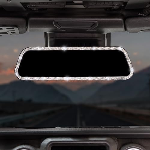 JOYTUTUS Rearvie Mirror, 12 Inch Panoramic Interior Clip-on Wide Angle Convex Rear View Mirror with Bling Rhinestones Diamonds Edge, Effectively to Reduce Blind Spot, Universal for SUV Trucks -White - color: White 1 PCS