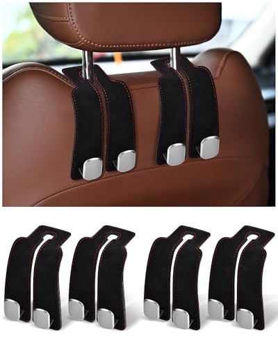 Headrest Hooks for Car, 4 Pack Car Seat Back Organizer Storage Hook, Double Hook Car Seat Hooks for Hanger Purses and Bags, Leather Purse Holder for Car, Black - color: Black-4Pack