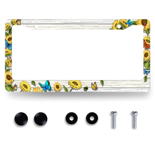 Retro Blue Butterfly Sunflower License Plate Frame Wooden Board Flower License Plate Holders Stainless Steel Car Bracket 2 Holes With Screws Universal Auto Accessory License Plate Frames 6.2x12.2 Inch - color: Retro Sunflower Floral Blue Butterfly