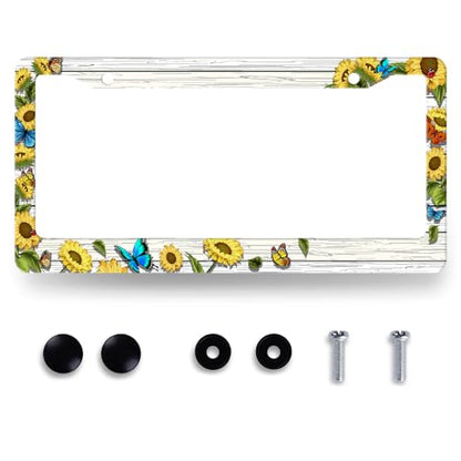 Retro Blue Butterfly Sunflower License Plate Frame Wooden Board Flower License Plate Holders Stainless Steel Car Bracket 2 Holes With Screws Universal Auto Accessory License Plate Frames 6.2x12.2 Inch - color: Retro Sunflower Floral Blue Butterfly