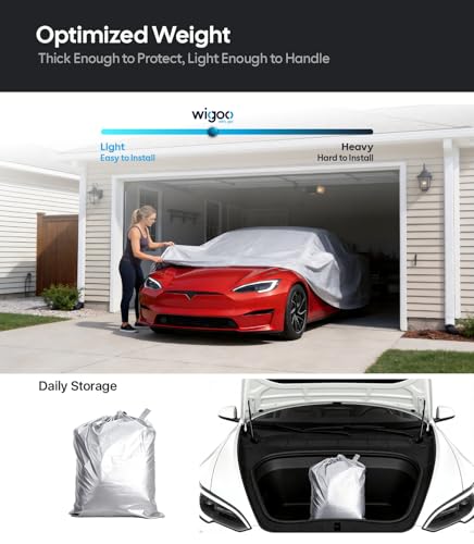 Wigoo Tesla Model S Car Cover Accessories 2012-2026, Custom Fit Waterproof All Weather Outdoor Full Car Cover, Windproof UV Rain Snow Dust Protection, Door Zipper, Charging Port, Ventilated Mesh - size: for Model S (2012-2026)