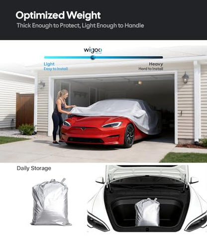 Wigoo Tesla Model S Car Cover Accessories 2012-2026, Custom Fit Waterproof All Weather Outdoor Full Car Cover, Windproof UV Rain Snow Dust Protection, Door Zipper, Charging Port, Ventilated Mesh - size: for Model S (2012-2026)