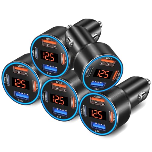 5 Pack Car Charger USB C, 65W Multi Port Dual 12V Cigarette Lighter USB Car Charger Adapter with Voltmeter PD/QC 3.0 Super Fast Charge Car Phone Charger for iPhone 17 16e 15 14 Pro Max Galaxy Android - color: Black, size: 5 Pack