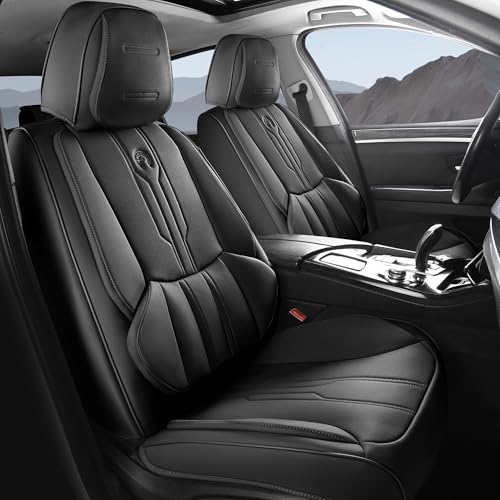 AOOG Front Seat Covers, Car Seat Covers Front Seats, Leather Seat Covers for Cars, Waterproof Seat Covers with Lumbar Support Universal Fit for Most Cars SUV Trucks(Front Pair, Black) - color: BLACK, size: FRONT PAIR