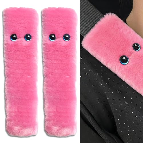 Pink Cat Eyes Seat Belt Strap Cover Pad, Cute Funny Interior Car Accessories Decor, for Auto Car Truck Pickup 2026, Artificial Soft Wool, Fluffy Shoulder Neck Cushion Protector, 2 PCS - color: Pink
