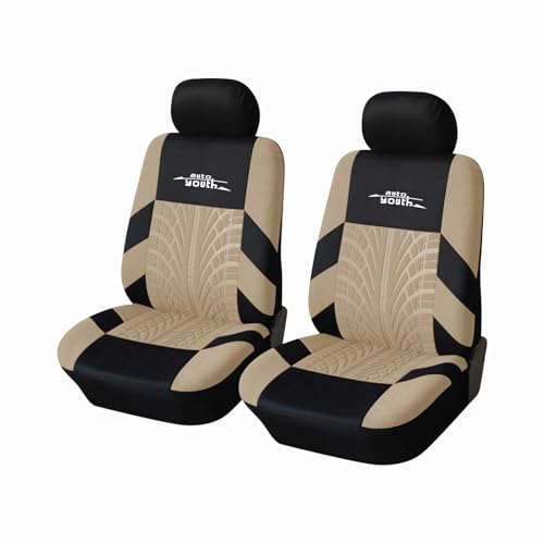 AUTOYOUTH Beige Seat Covers Front Seats Only, 3D Tyre Embossed Breathable Bucket Covers, Airbag Compatible, Quick Setup Universal Fit for Sedan, SUV, Truck, Van - color: Beige & Black, size: Front Seats Only (4 pieces)