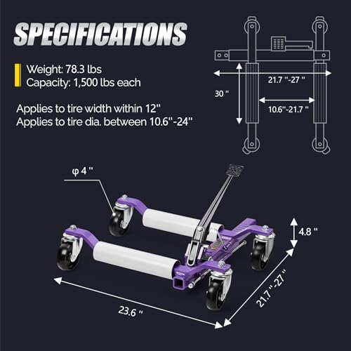 TUFFIOM Car Wheel Dolly Jack Set of 4, Mechanical 6000-lbs Car Skates, 12'' Wheel Vehicle Positioning Jack, Heavy Duty Rollers with Ratcheting Foot Pedal for Tire Auto Repair Moving, Purple - color: Purple