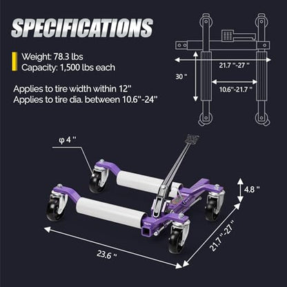 TUFFIOM Car Wheel Dolly Jack Set of 4, Mechanical 6000-lbs Car Skates, 12'' Wheel Vehicle Positioning Jack, Heavy Duty Rollers with Ratcheting Foot Pedal for Tire Auto Repair Moving, Purple - color: Purple