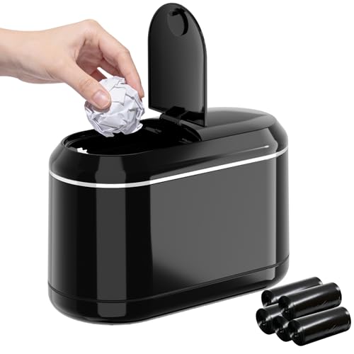 PAVSTINE Mini Trash Can for Desk with 5 Rolls of Trash Bags, Small Press-Top Countertop Garbage Bin, Removable Waste Basket for Bedroom, Vanity, Coffee Table, Kitchen (Black Half-Lid) - color: Black Half-Lid