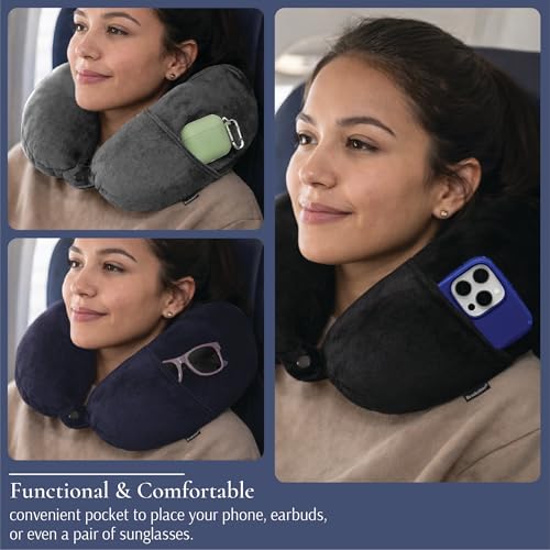 Brookstone Microbead Travel Head and Neck Pillow Lightweight and Plush with Phone or Headphone Pocket, Dark Grey
