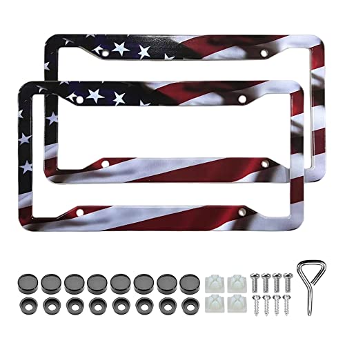 American Flag License Plate Frame Holder - 2 Pack Universal Aluminum Matte Stripe US Flag Gloss Patriotic Car Plate Frame Covers with Free Screws Fasteners Caps - color: Matte American flag