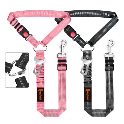 Removable Dog Seat Belt Harness for Car, 3 in 1 Pet Dog Car Seatbelt Leash, Retractable Restraint Secures to Vehicle Headrest & Adjustable Reflective Bungee Dog Seatbelt Tether, Pink and Black - color: Black+Pink