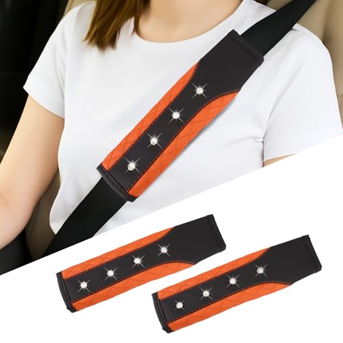 Hovom 2PCS Bling Car Seat Belt Cover Pad, Leather Seatbelt Covers for Cars, Soft Safety Seatbelt Shoulder Strap Covers, Rhinestone Auto Seat Belt Protector Cushion for Women Girls (Orange) - color: Orange