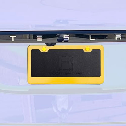 T304 Stainless Steel License Plate Frame – 8K Mirror Polish Finish, Rust-Resistant, Slim Design, Universal Fit, Includes Screw Caps, Washers & Stainless Steel Screws (Yellow) - color: Yellow