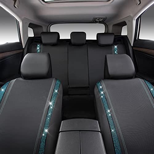CAR PASS Bling Car Seat Covers Full Set, Shining Rhinestone Diamond Waterproof Faux Leather Universal Fit 95% Automotive Glitter Crystal Sparkle Strips for Cute Women Girl, Full Set (Mint Diamond) - color: Mint Diamond, size: Full Set