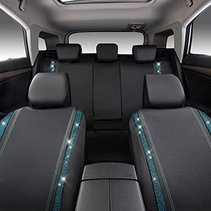 CAR PASS Bling Car Seat Covers Full Set, Shining Rhinestone Diamond Waterproof Faux Leather Universal Fit 95% Automotive Glitter Crystal Sparkle Strips for Cute Women Girl, Full Set (Mint Diamond) - color: Mint Diamond, size: Full Set