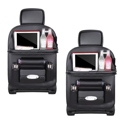 2PCS Car Backseat Organizer, Leather Multi-Pocket Seat Back Protector with Foldable Table Tray, Multifunctional Vehicle Storage Organizer Kick Mat for Kids Toddler Travel (Black) - color: Black