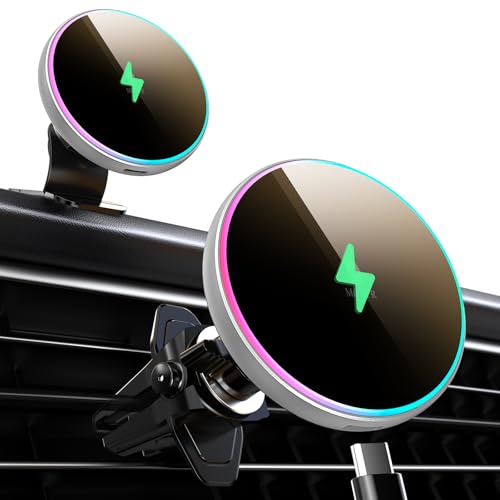 MOKPR for Magsafe Car Mount Charger-15W Wireless Car Charger-Magnetic Car Phone Holder for Dash Air Vent-LED RGB HandsFree Car Mount Fast Car Charger for iPhone 15/14/13/12 Series Silver - color: Silver