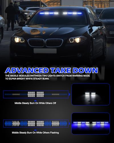 HLauto 604N Emergency Dash Strobe Lights: 2x16.8 inch Blue White Security Light w/Take Down, 48 LED Safety Flashing Warning Hazard Interior Windshield Light Bar for Trucks Vehicles - color: #07 Blue / White
