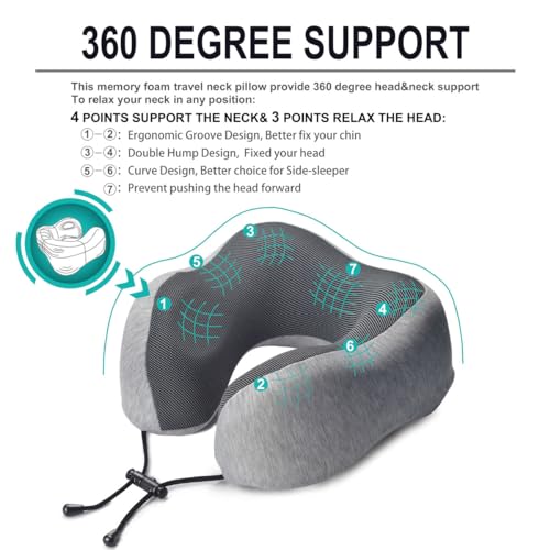 napfun Neck Pillow for Travel with Travel Pouch, Sleep Mask & Earplugs, Memory Foam Airplane Pillow for Headrest Sleep with Eyeshades, Plane Essentials with Eye Blindfold, Light Gray Kit - color: Light Gray Kit
