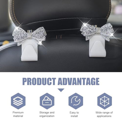2 PCS Bling Bow Car Seat Headrest Hooks, Cute Rhinestone Bow Seat Back Hanger, Universal Vehicle Rear Seat Crystal Hook for Handbag, Clothes, Coats, Grocery Bags (White) - color: White
