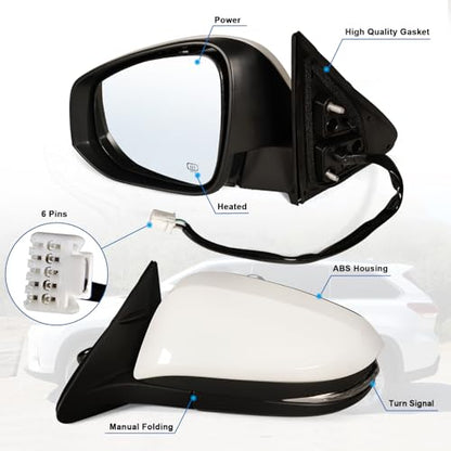 Left Driver side Mirror Fits 2014-2019 Toyota Highlander With Power Glass, Heated,Turn Signal and Manual Folding,Without Blind Spot Match White Replace 87940-0E130(6Pins) - color: White, size: 6Pins-Left