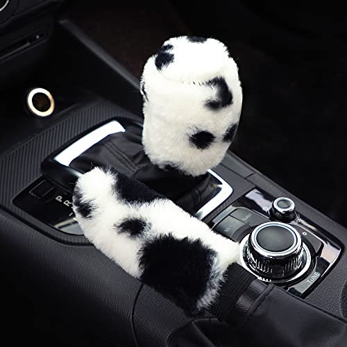 Pinbola 5pcs in 1 Set Faux Wool Steering Wheel Cover Soft Fluffy Handbrake Cover & Gear Shift Cover & 2pcs Seat Belt Shoulder Pads Warm Universal Fit for 15 Inch (Cow Black) - color: Cow Black