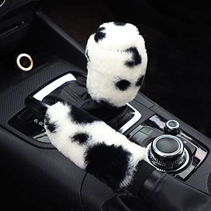 Pinbola 5pcs in 1 Set Faux Wool Steering Wheel Cover Soft Fluffy Handbrake Cover & Gear Shift Cover & 2pcs Seat Belt Shoulder Pads Warm Universal Fit for 15 Inch (Cow Black) - color: Cow Black