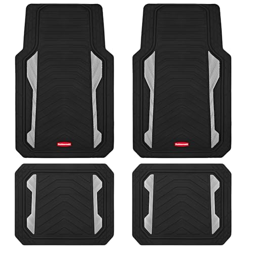 Rubbermaid Car Floor Mat, Heavy Duty All-Weather Car Mats Full Set with Dual-Tone Sliver Aluminum Inserts – Universal Fit, Anti-Slip Backing, Trim-to-Fit for Most SUV, Sedan, Van - color: Silver