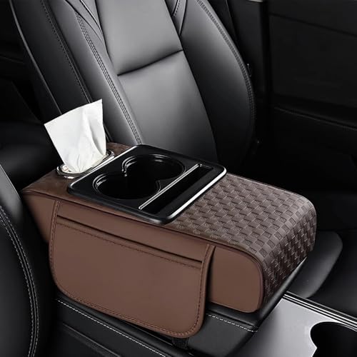 Center Console Cover,Car Armrest Cushion Multifunctional with 2 Storage Bags Cup Holder,Phone Slot,Tissue Box Slot for Most Cars Accessories Interior Organizers-Brown 13.8x7.9 in - color: brown