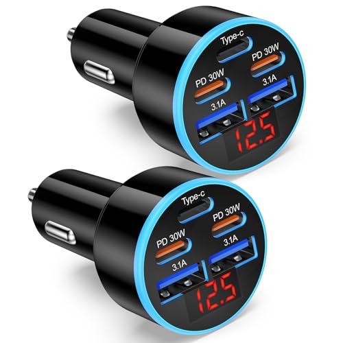90W USB C Fast Car Charger, 2-Pack 5 Port USB C Car Phone Charger with Voltage Display, Dual PD 30W Multi Port Cigarette Lighter USB Charger for iPhone 17/Air/16/15 Pro Max,Galaxy S25/S24,iPad - size: 2-Pack