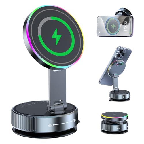 MagSafe Car Mount Charger 15W, Magnetic Wireless Car Charger with Vacuum Suction Cup, Strong Magnet Phone Holder for Dashboard, Compatible with iPhone 12-17 Pro Max & Android