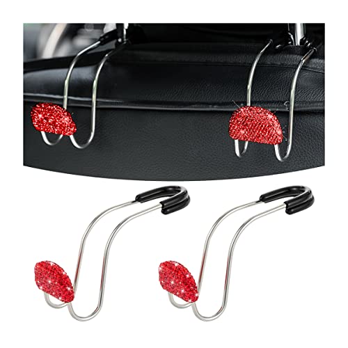AUCELI Car Headrest Hook, 2 Pack Bling Backseat Organizer Hanger for Purse Clothes Grocery Bag, Rhinestones Auto Headrest Storage Holder, Universal Car Seat Accessories for Most Vehicle (Red) - color: Red