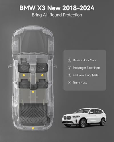 3W 2018-2024 BMW X3 Floor Mats & Cargo Liner, All Weather TPE BMW X3 Accessories Custom Fit for X3 G01 30i M40i X3M Car Mats (Only for car Without Spare tire) (Don't Fit X3 30e), 6PCS - style: 2) X3 2018-2024 | Full Set