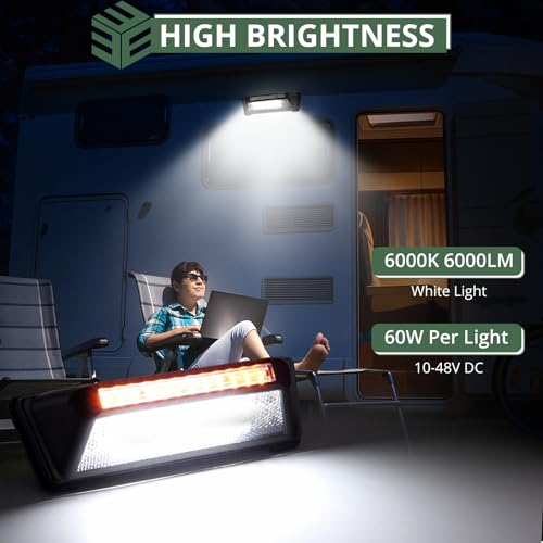EYPINS RV Exterior Porch Light - Aluminum 40LED 10-48V 60W 6000LM Super Bright White Camping Light with 6 Amber Warning Flash Modes, IP65 Waterproof Porch Lights for Trailers Campers Motorhome SUV
