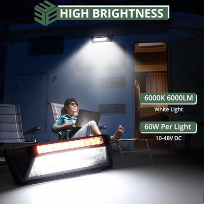 EYPINS RV Exterior Porch Light - Aluminum 40LED 10-48V 60W 6000LM Super Bright White Camping Light with 6 Amber Warning Flash Modes, IP65 Waterproof Porch Lights for Trailers Campers Motorhome SUV