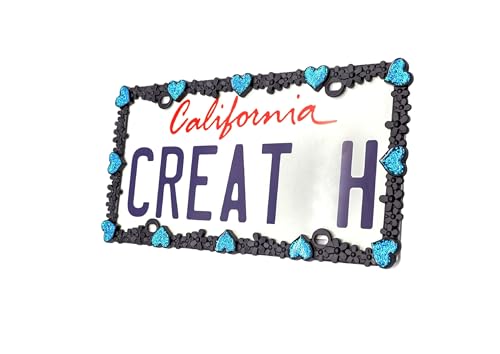 Creathome 3D Shining Daisy Heart License Plate Frame from Pure Zinc Alloy Metal Perfect Plate Holder, Matt Black with Blue Glitter, Luminously Heart - color: Matt Black with Blue Glitter, Luminously Heart
